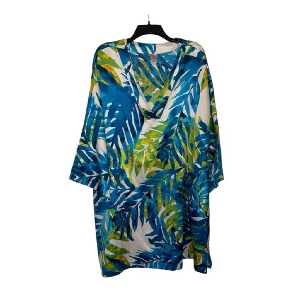 Natori Blue and Green Leaf Print Kaftan